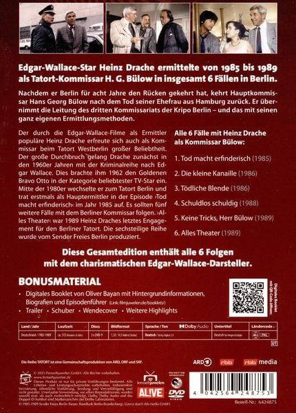 Produktbild: Tatort Berlin - Kommissar Hans Georg B&uuml;low (Heinz Drache) - Gesamtedition (Alle 6 F&auml;lle) (Fernsehjuwelen) [3 DVDs]