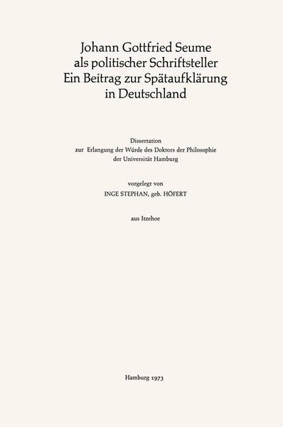 Produktbild: Johann Gottfried Seume als politischer Schriftsteller Ein Beitrag zur Sp&auml;taufkl&auml;rung in Deutschland