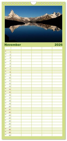 Produktbild: Familienplaner 2026 - Zauber der Berge. Die Schweizer Alpen mit 5 Spalten (Wandkalender, 21 x 45 cm) CALVENDO