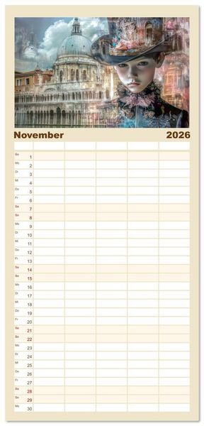 Produktbild: Familienplaner 2026 - Venezianischer Stil - In dezenten Farbt&ouml;nen mit 5 Spalten (Wandkalender, 21 x 45 cm) CALVENDO
