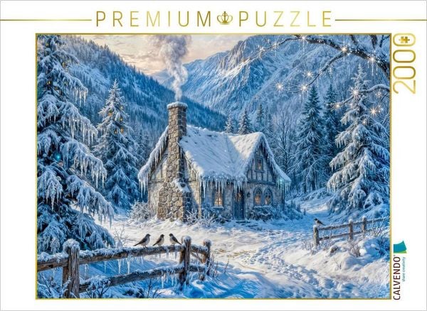 Produktbild: CALVENDO Puzzle Winter Cottage im Bergwald mit Zaun und Waldv&ouml;geln | 2000 Teile Lege-Gr&ouml;&szlig;e 90x67cm Foto-Puzzle f&uuml;r gl&uuml;ckliche Stunden
