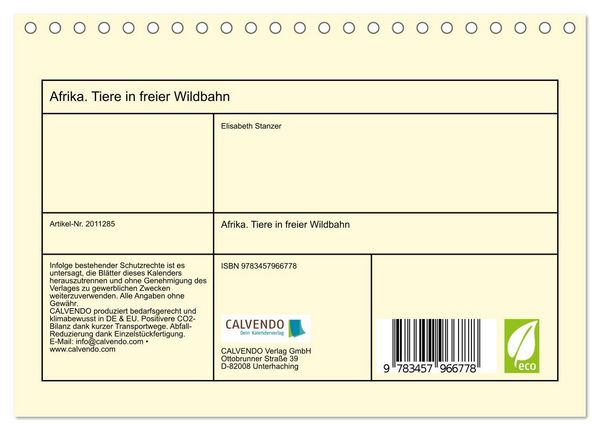 Produktbild: Afrika. Tiere in freier Wildbahn (Tischkalender 2026 DIN A5 quer), CALVENDO Monatskalender