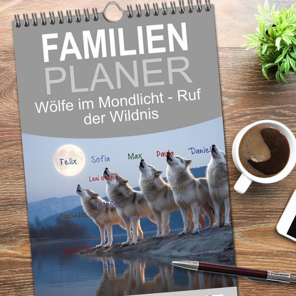 Produktbild: Familienplaner 2026 - W&ouml;lfe im Mondlicht - Ruf der Wildnis mit 5 Spalten (Wandkalender, 21 x 45 cm) CALVENDO
