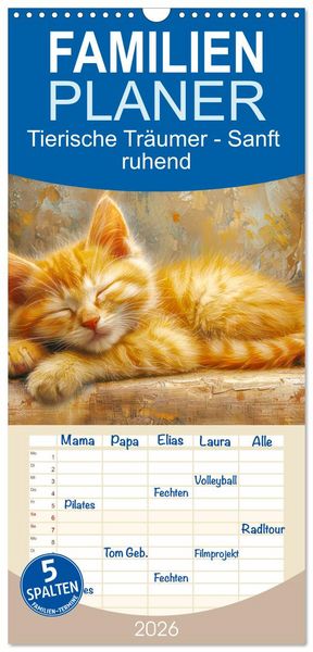 Produktbild: Familienplaner 2026 - Tierische Tr&auml;umer - Sanft ruhend mit 5 Spalten (Wandkalender, 21 x 45 cm) CALVENDO