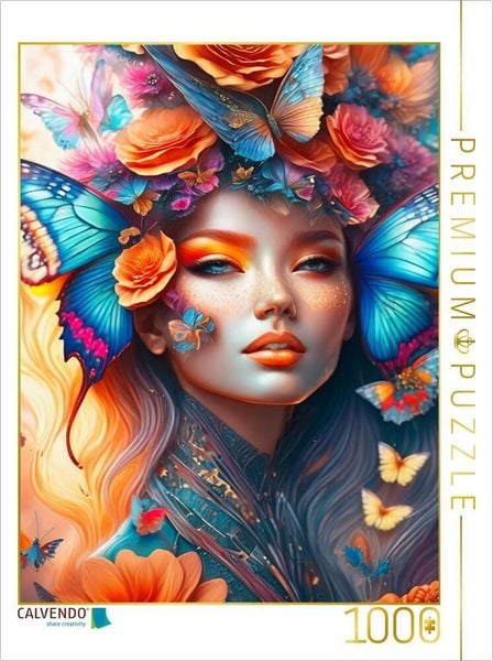 CALVENDO Puzzle Fantasiefrau umgeben von bunten Schmetterlingen und Blumen | 1000 Teile Lege-Größe 64x48cm Foto-Puzzle f