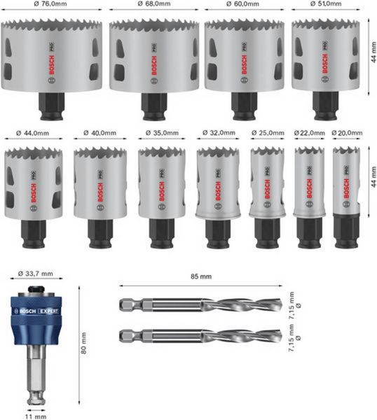 Produktbild: Bosch Accessories 2608594426 2608594426 Lochs&auml;gen-Set 20 mm, 22 mm, 25 mm, 32 mm, 35 mm, 40 mm, 44 mm, 51 mm, 60 mm, 68 mm, 76 mm 1 St.
