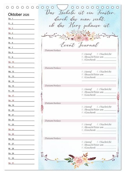 Produktbild: Geburtstagsplaner Boho Blau - F&uuml;r Termine, Geschenke, Eventdetails & mehr (Wandkalender 2026 DIN A4 hoch), CALVENDO Monatskalender