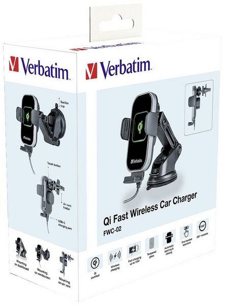 Produktbild: Verbatim Induktions-Ladeger&auml;t 15 W FWC-02 Qi Fast Wireless Car Charger 49553 Ausg&auml;nge Magnetanschluss Schwarz