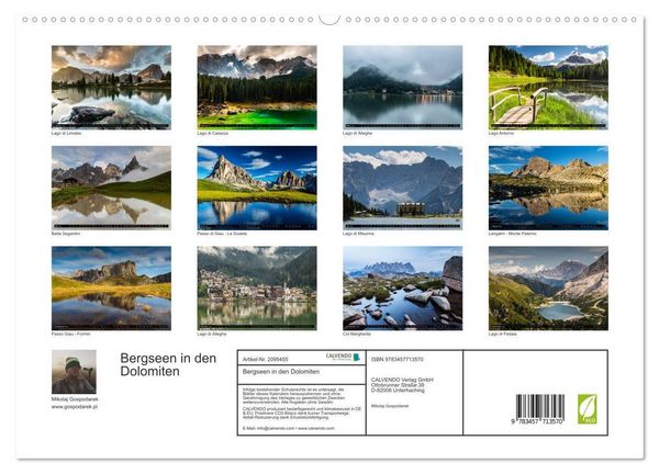 Produktbild: Bergseen in den Dolomiten (hochwertiger Premium Wandkalender 2026 DIN A2 quer), Kunstdruck in Hochglanz