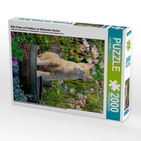 CALVENDO Puzzle Rote Katze auf Holzfass im blühenden Garten | 2000 Teile Lege-Größe 90x67cm Foto-Puzzle für glückliche Stunden
