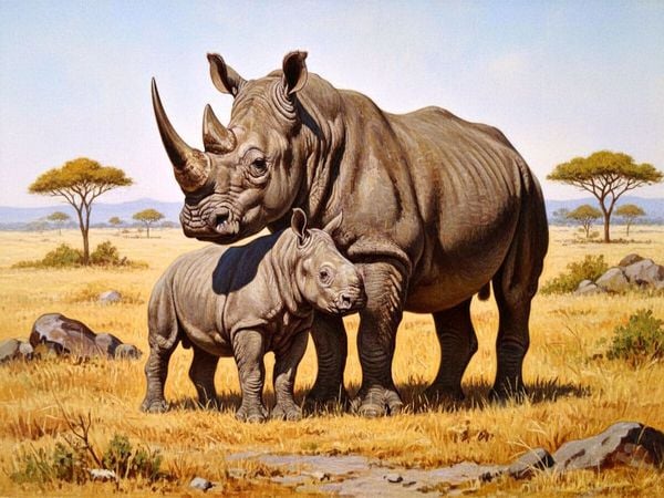 CALVENDO Puzzle Nashorn mit Jungtier als Gemälde | 1000 Teile Lege-Größe 64x48cm Foto-Puzzle für glückliche Stunden