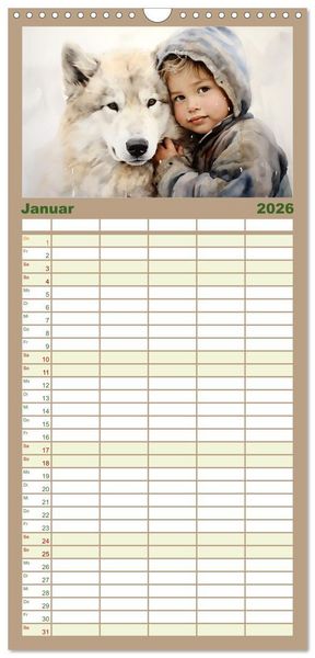 Produktbild: Familienplaner 2026 - Kinder und Tiere mit 5 Spalten (Wandkalender, 21 x 45 cm) CALVENDO