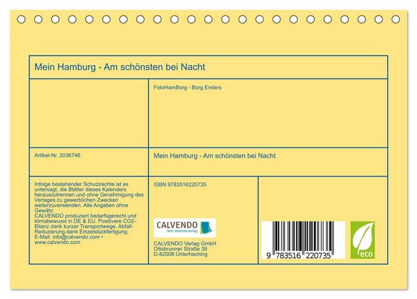 Produktbild: Mein Hamburg - Am sch&ouml;nsten bei Nacht (Tischkalender 2026 DIN A5 quer), CALVENDO Monatskalender