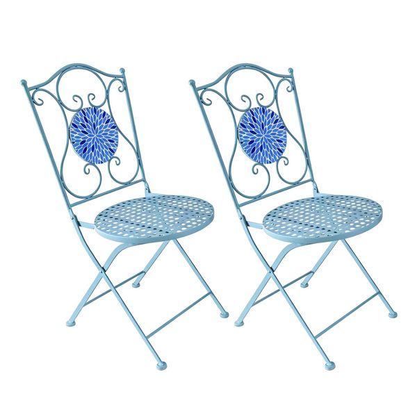 Produktbild: HTI-Living Gartenstuhl 2er-Set Metall Blau mit Bl&uuml;tenmotiv
