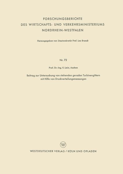 Produktbild: Beitrag zur Untersuchung von stehenden geraden Turbinengittern mit Hilfe von Druckverteilungsmessungen