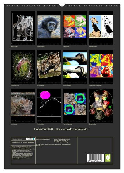 Produktbild: PopArten 2026 &ndash; Der verr&uuml;ckte Tierkalender (hochwertiger Premium Wandkalender 2026 DIN A2 hoch), Kunstdruck in Hochglanz
