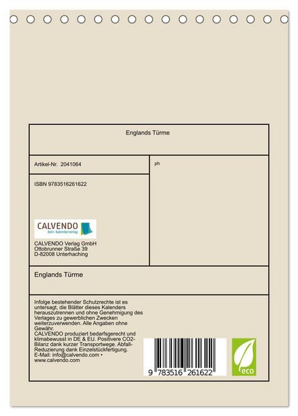 Produktbild: Englands T&uuml;rme (Tischkalender 2026 DIN A5 hoch), CALVENDO Monatskalender