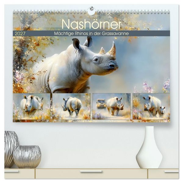 Produktbild: Nash&ouml;rner. M&auml;chtige Rhinos in der Grassavanne (hochwertiger Premium Wandkalender 2027 DIN A2 quer), Kunstdruck in Hochglanz