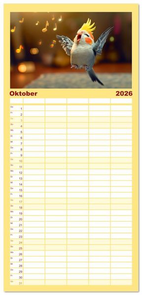 Produktbild: Familienplaner 2026 - Klein, laut, lustig - Nymphensittiche mit 5 Spalten (Wandkalender, 21 x 45 cm) CALVENDO