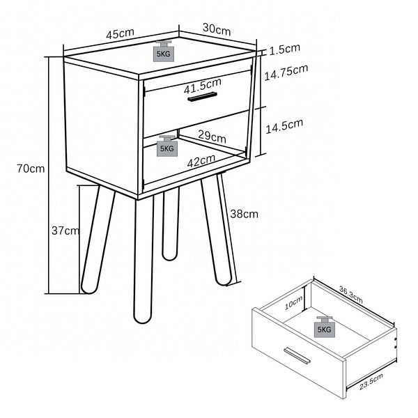 Produktbild: Nachttisch mit Schublade 45x30x56 cm Singol XL