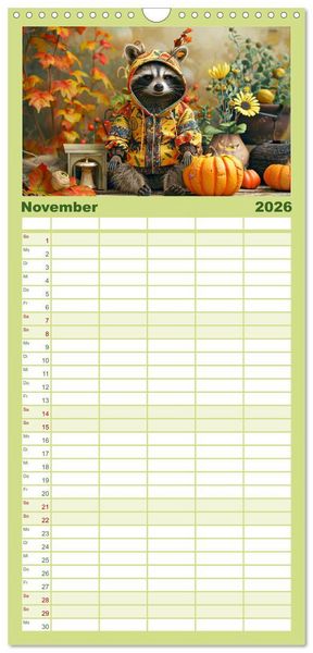 Produktbild: Familienplaner 2026 - Niedlicher Waschb&auml;ren-Style. Modisch, elegant und blumig mit 5 Spalten (Wandkalender, 21 x 45 cm) CALVENDO