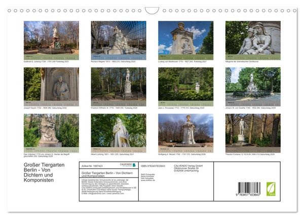 Produktbild: Gro&szlig;er Tiergarten Berlin - Von Dichtern und Komponisten (Wandkalender 2026 DIN A3 quer), CALVENDO Monatskalender