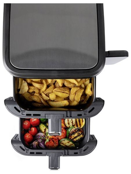 Produktbild: GourmetMaxx FryUp Vertical 15305 Hei&szlig;luft-Fritteuse 10 l 2800 W 2 getrennte Temperaturregler, Antihaftbeschichtung, digitaler Timer Schwarz