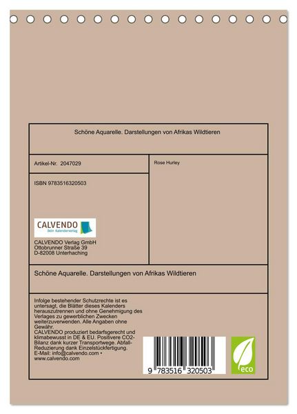 Produktbild: Sch&ouml;ne Aquarelle. Darstellungen von Afrikas Wildtieren (Tischkalender 2026 DIN A5 hoch), CALVENDO Monatskalender