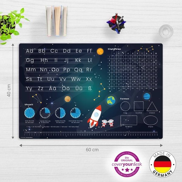 Produktbild: Cover-your-desk Schreibtischunterlage f&uuml;r Kinder Weltraum Schulanfang - abc und einmaleins, aus hochwertigem Vinyl , 60 x 40 cm