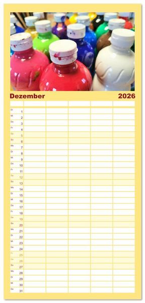 Produktbild: Familienplaner 2026 - Atelierimpressionen - Des K&uuml;nstlers Handwerkzeug im Portrait mit 5 Spalten (Wandkalender, 21 x 45 cm) CALVENDO