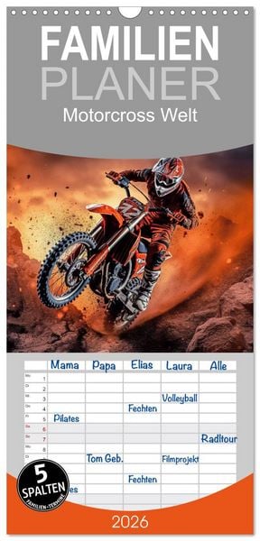 Produktbild: Familienplaner 2026 - Motorcross Welt mit 5 Spalten (Wandkalender, 21 x 45 cm) CALVENDO