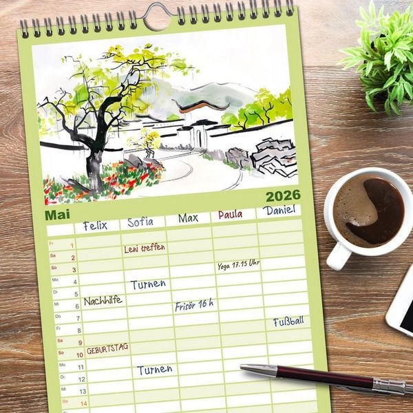Produktbild: Familienplaner 2026 - Fernost Impressionen - Tempel und Landschaften in KI-Tuschekunst mit 5 Spalten (Wandkalender, 21 x 45 cm) CALVENDO