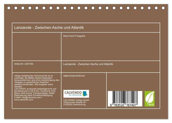 Produktbild: Lanzarote - Zwischen Asche und Atlantik (Tischkalender 2027 DIN A5 quer), CALVENDO Monatskalender