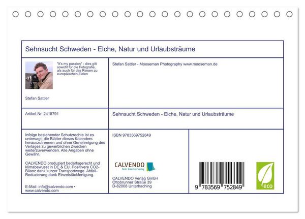 Produktbild: Sehnsucht Schweden - Elche, Natur und Urlaubstr&auml;ume (Tischkalender 2027 DIN A5 quer), CALVENDO Monatskalender