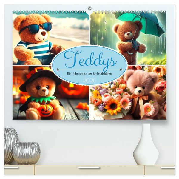 Produktbild: Teddys - Die Jahresreise der KI-Teddyb&auml;ren (hochwertiger Premium Wandkalender 2026 DIN A2 quer), Kunstdruck in Hochglanz