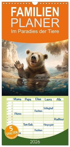 Produktbild: Familienplaner 2026 - Im Paradies der Tiere mit 5 Spalten (Wandkalender, 21 x 45 cm) CALVENDO