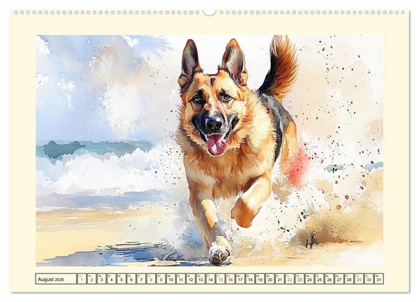 Produktbild: Deutsche Sch&auml;ferhunde. Majest&auml;tische W&auml;chter im Aquarell-Stil (hochwertiger Premium Wandkalender 2026 DIN A2 quer), Kunstdruck in Hochglanz