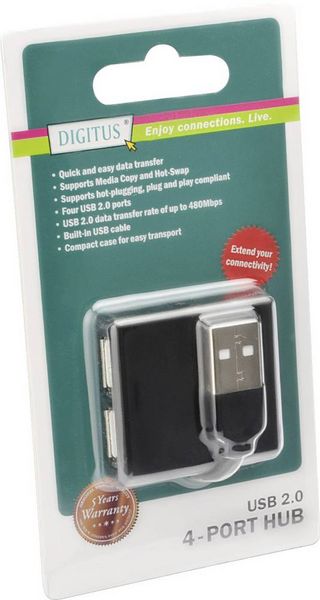 Produktbild: Digitus DA-70217 USB-Hub 4 Port USB-A USB 2.0 480 MBit/s Schwarz DA-70217