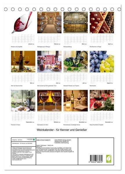 Produktbild: Weinkalender - f&uuml;r Kenner und Genie&szlig;er (Tischkalender 2026 DIN A5 hoch), CALVENDO Monatskalender