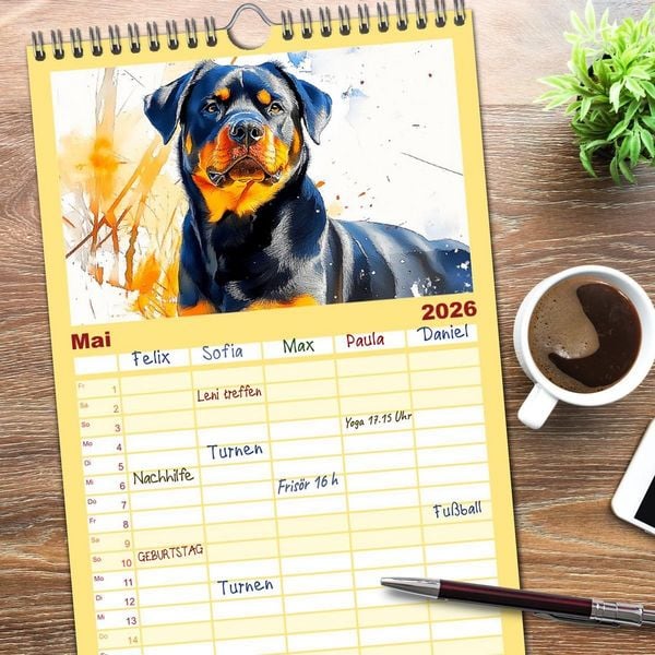 Produktbild: Familienplaner 2026 - Kraftvolle Rottweiler. Stattliche Begleithunde im Aquarell-Stil mit 5 Spalten (Wandkalender, 21 x 45 cm) CALVENDO
