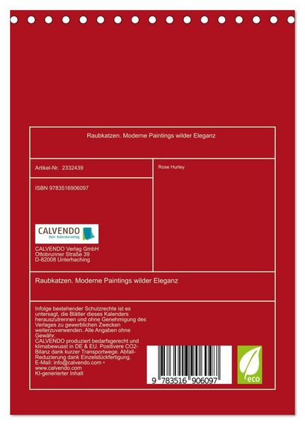 Produktbild: Raubkatzen. Moderne Paintings wilder Eleganz (Tischkalender 2027 DIN A5 hoch), CALVENDO Monatskalender