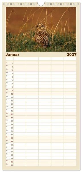 Produktbild: Familienplaner 2027 - Heimische Eulen und Greife mit 5 Spalten (Wandkalender, 21 x 45 cm) CALVENDO