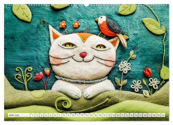 Produktbild: Filzige Katzenfreunde - Ein Jahr voller niedlicher KI-Filzkunst (Wandkalender 2026 DIN A2 quer), CALVENDO Monatskalender
