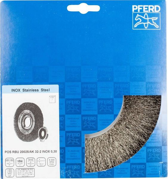 Produktbild: PFERD TOOLS Rundb&uuml;rste breit ungezopft RBU &Oslash; 200 x 25 mm variable Bohrung Edelstahl-Draht-&Oslash; 0,30 f&uuml;r Schleifbock 1 POS RBU 20025/AK32-2 INOX 0,30