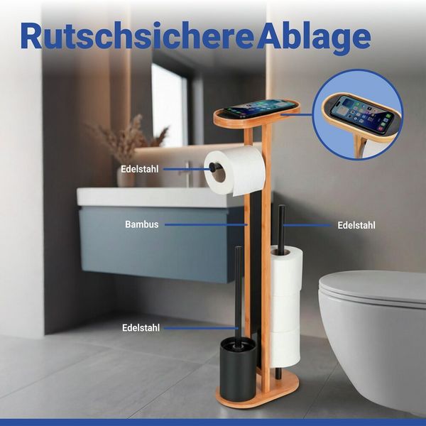 Produktbild: Stand WC-Garnitur Mod. Orea Bambus, mit Ablagefl&auml;che und Ersatzrollenhalter