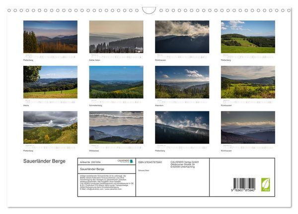 Produktbild: Sauerl&auml;nder Berge (Wandkalender 2026 DIN A3 quer), CALVENDO Monatskalender