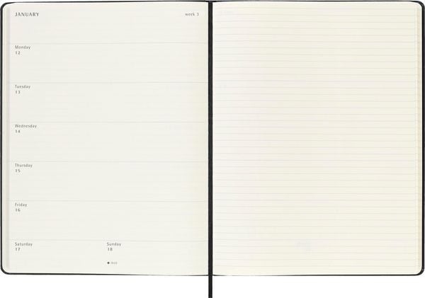 Produktbild: Moleskine 18 Monate Wochen Notizkalender 2025/2026, XL, 1 Wo = 1 Seite, Rechts linierte Seite, Fester Einband, Schwarz