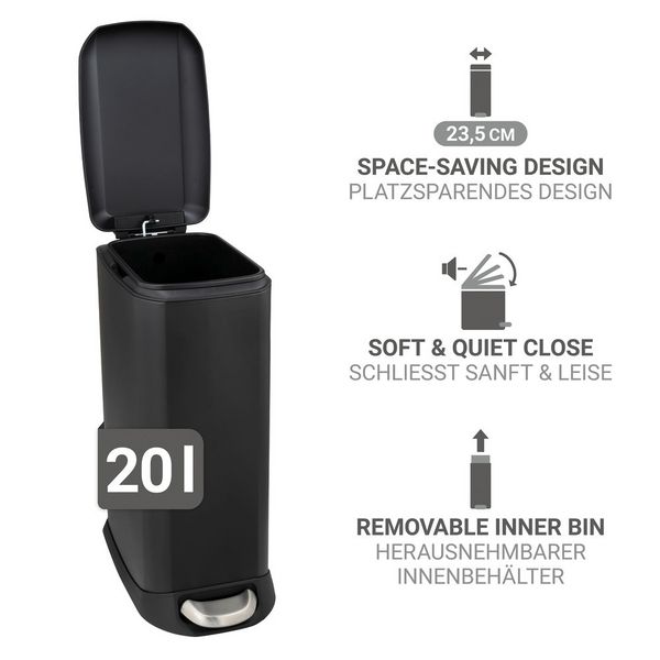 Produktbild: Treteimer Mod. Design 20 L, Easy-Close, Schwarz, mit herausnehmbarem Einsatz