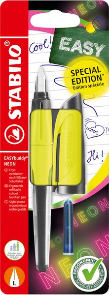 Produktbild: STABILO F&uuml;ller EASYbuddy NEON in neongelb, Schulf&uuml;ller mit Linksh&auml;nder-Feder L, blau (l&ouml;schbar) inkl. Patrone