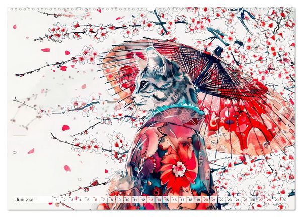 Produktbild: Geisha-Katzen - Mit Bl&uuml;ten, Schirm und Bambus im Japanstil (hochwertiger Premium Wandkalender 2026 DIN A2 quer), Kunstdruck in Hochglanz